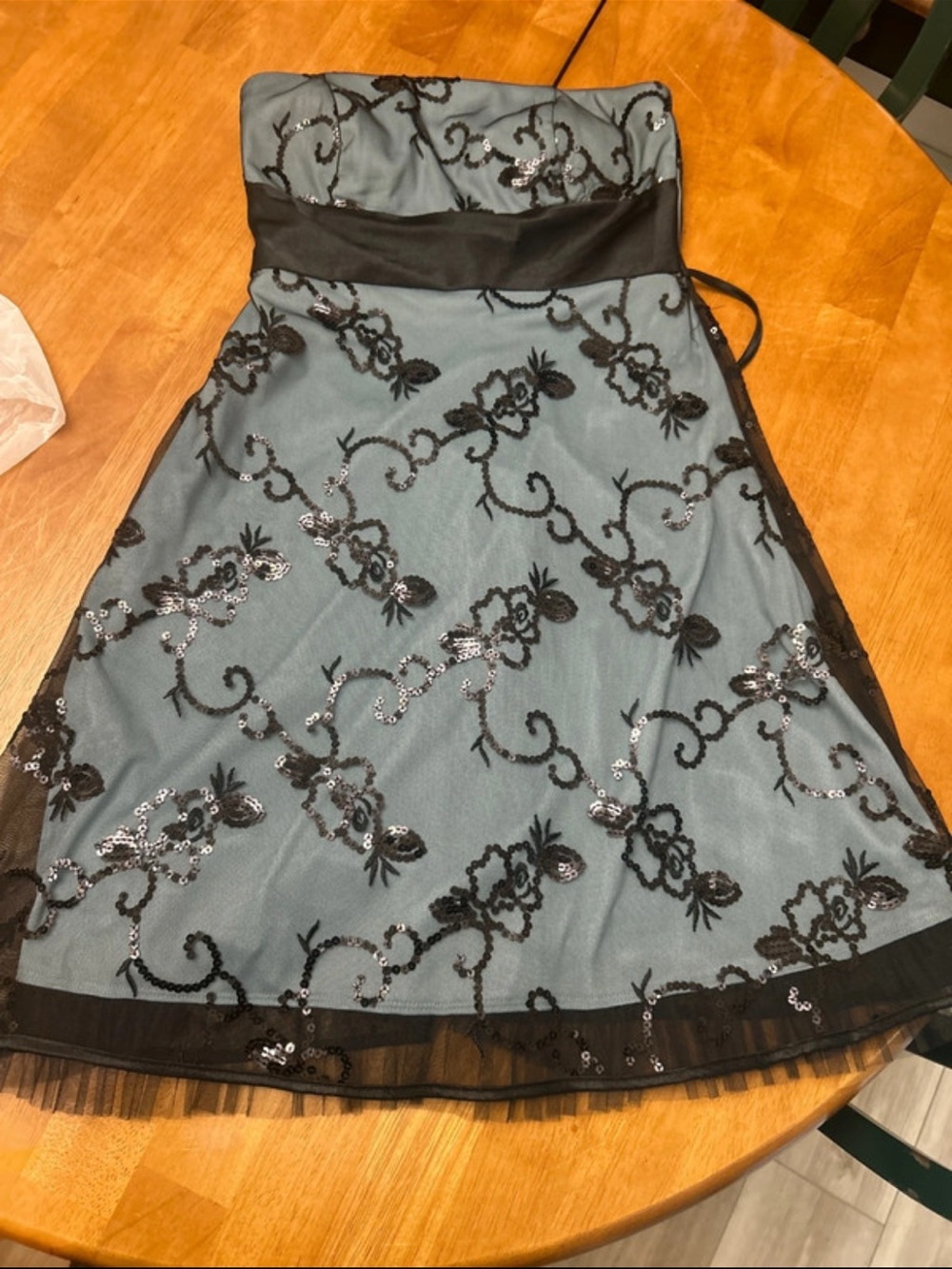 Vintage Teeze Me Teal Strapless Dress with Black Sequin Floral Overlay Y2K